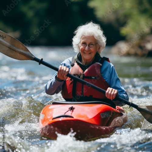 An experienced woman confidently navigates through rushing rapids in her kayak, fully equipped with a life jacket and paddle, enjoying the thrill of outdoor recreation on the water