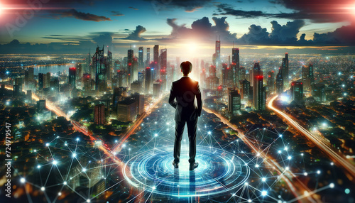 A businessman stands on a digital platform overlooking a futuristic cityscape at sunset, symbolizing vision, innovation, and technology.Business concept. AI generated. © Czintos Ödön
