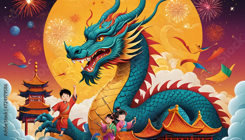 Generative AI cartoon illustration of children celebrating Lunar New Year Chinese Dragon Children Book cover for Year of the Dragon © BARETH