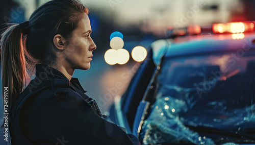 Police officer inspecting damaged car in evening