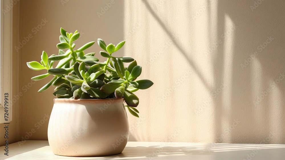beauty of Crassula ovata, Jade Plant, in a white pot, bathed in sunlight on a beige background. beauty of Crassula ovata, Jade Plant, in a white pot, bathed in sunlight on a beige background.