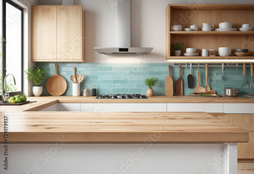Modern kitchen interior with wooden tabletop on blurred background. Bright colors and contemporary design. © SR07XC3