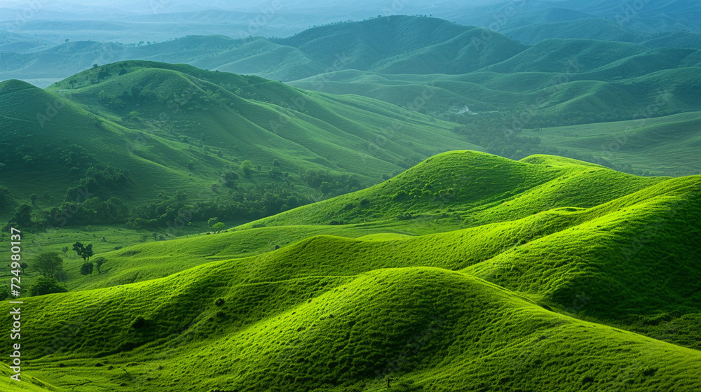 A landscape with many green hills A landscape with many green hills