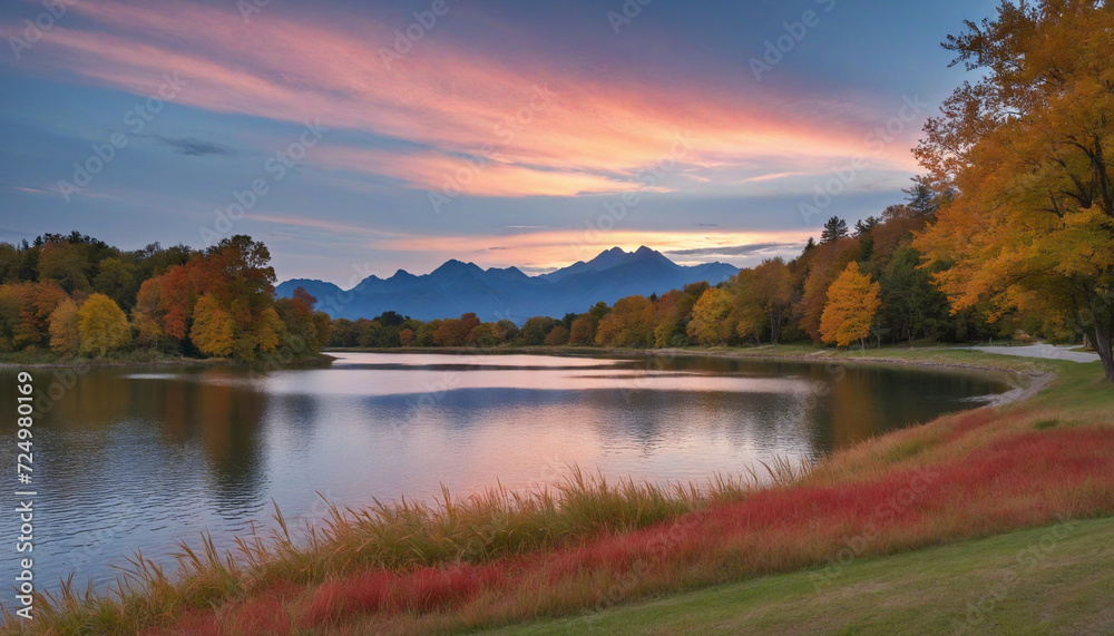 Autumn landscape with trees, mountains, and lake at river's edge Autumn landscape with trees, mountains, and lake at river's edge