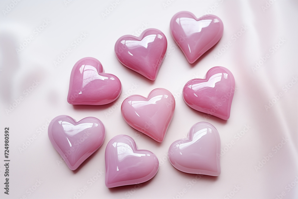 Eight glossy pink hearts scattered on a white background. Concept: Valentines Day, love, relationships, romantic events. Plenty of copy space.