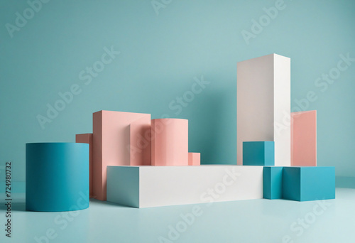 Geometric Shapes Exhibition Podium on Pastel Blue Background