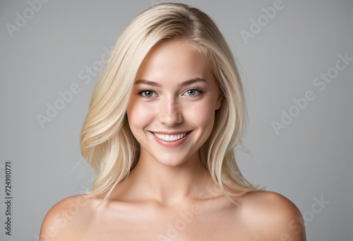 Portrait of a lovely blonde woman smiling at the camera on a white backdrop.