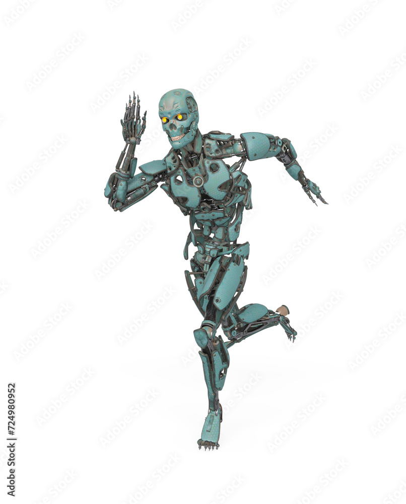 mega cyborg is running fast in action like a super hero in white background mega cyborg is running fast in action like a super hero in white background