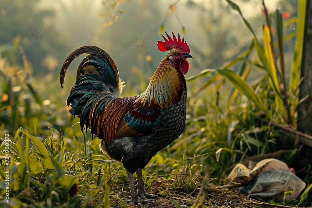 a rooster is standing in the grass on the ground with it's tail spread
