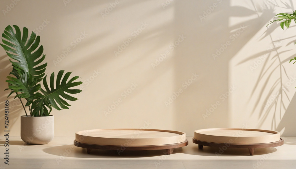 Wooden Round Tray Podiums in Sunlight with Leaf Shadow on Beige Wall for Organic Beauty Product Presentation