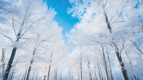 Snow covered trees in winter forest under blue sky