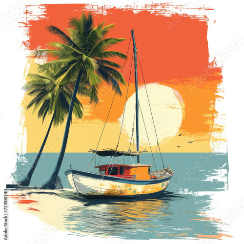 Illustration of Zanzibar island with dhow and sunset, T-shirt design and print