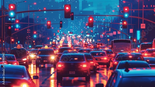 heavy traffic jam in twilight time, capturing the chaos and congestion of evening commute in the city