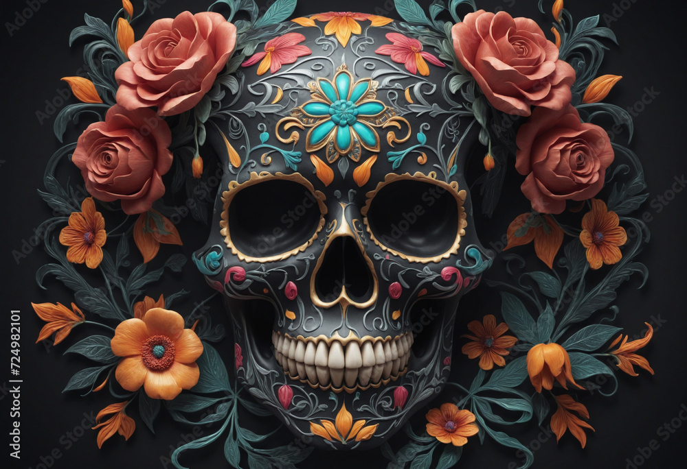 Exquisite Sugar Skull Decorated with Flowers. Fear-inducing Human Skull Against a Dark Backdrop. Hand-crafted Mexican Skull Design.