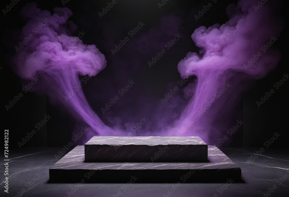 Purple light and smoke on black stone platform for product display and advertising, with open space for text.