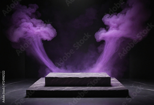 Purple light and smoke on black stone platform for product display and advertising, with open space for text.