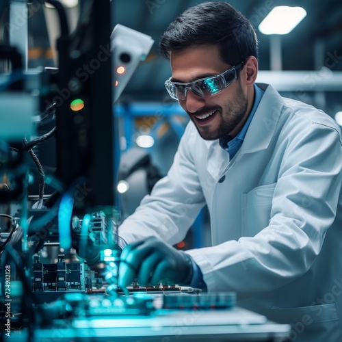 A skilled technician donning protective goggles and a pristine white coat meticulously works inside a bustling factory, showcasing the perfect balance of human ingenuity and industrial precision
