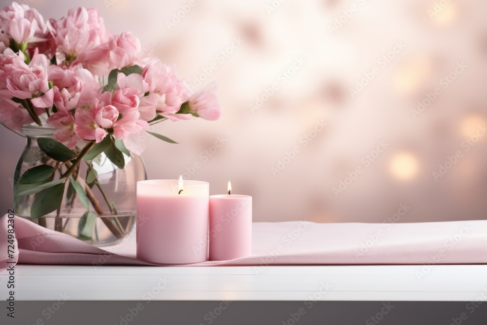 romantic desk mockup, pink flowers and candles. ai generated