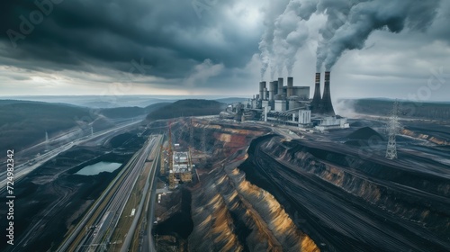 a power plant juxtaposed against an open-cast coal mine in an aerial view, the interplay between industrial infrastructure and natural elements.