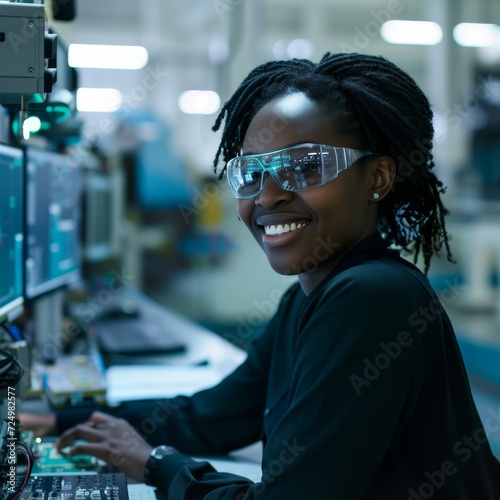 A beaming woman  clad in safety goggles and chic clothing  exudes confidence as she works on a computer  surrounded by electronics in an indoor setting  showcasing her expertise in electronic enginee