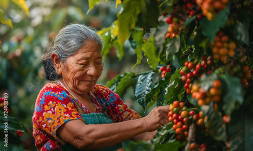 African worker woman collects coffee beans on a plantation in a dense forest. Close-up. Arabica coffee berries with farmers hands