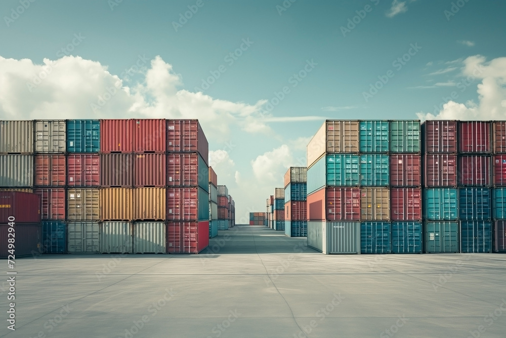 Cargo containers stacked in a port, alongside a container cargo freight ship, showcasing the bustling activity of maritime transportation. Cargo containers stacked in a port, alongside a container cargo freight ship, showcasing the bustling activity of maritime transportation.