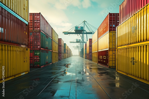 Wallpaper Mural Shipping Industry: A red cargo freight ship with stacked containers in a port, showcasing the business of transporting goods, logistics, and international trade. Torontodigital.ca