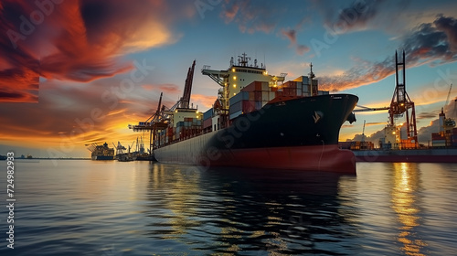 Sunset casts a warm glow over a busy port as a cargo ship rests alongside the dock, surrounded by the sea, cranes, and the bustling industry of shipping and transportation.