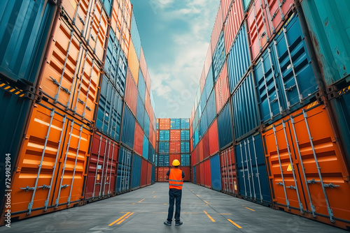 Sunset over a bustling port as cargo containers stand tall, representing the dynamic intersection of shipping, freight, and transportation in the heart of a vibrant industrial city