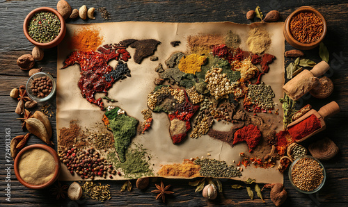 Spices on the map. Colorful various herbs and spices for cooking in the shape of a world map background. Assortment of natural spices. Healthy spice concept.