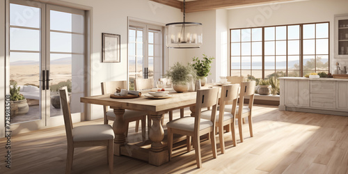 Design a modern farmhouse dining room with a reclaimed wood table, linen slip covered chairs, and a statement light fixture with pendant light, interior design 