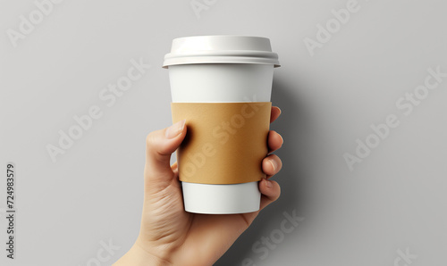 Model of a woman's hand. A woman holds a paper cup of coffee, on a light gray background. coffee mockup