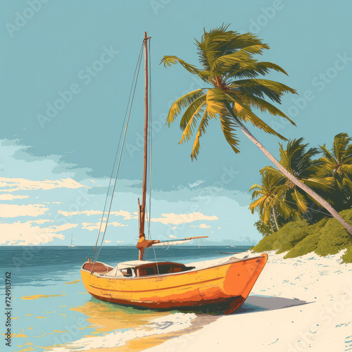 Illustration of Zanzibar island with dhow and sunset, T-shirt design and print