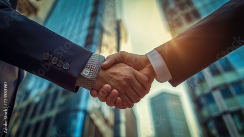 Two professionals businessman sealing a business deal with a firm handshake.