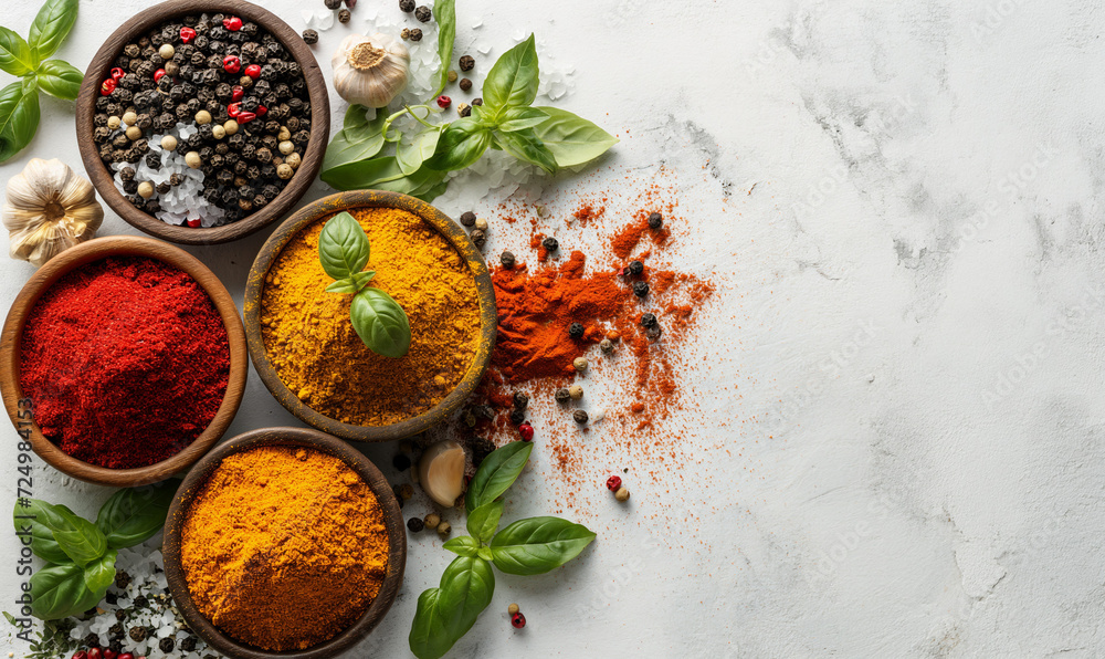 Spices in bowls. Colorful various herbs and spices for cooking in wooden bowls on a marble background. Assortment of natural spices. Healthy spice concept. Spices in bowls. Colorful various herbs and spices for cooking in wooden bowls on a marble background. Assortment of natural spices. Healthy spice concept.