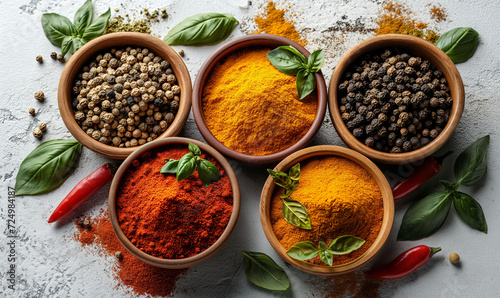Spices in bowls. Colorful various herbs and spices for cooking in wooden bowls on a marble background. Assortment of natural spices. Healthy spice concept.