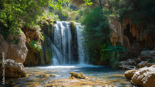 A historic waterfall with ancient ruins nearby blending natural and historical elements.