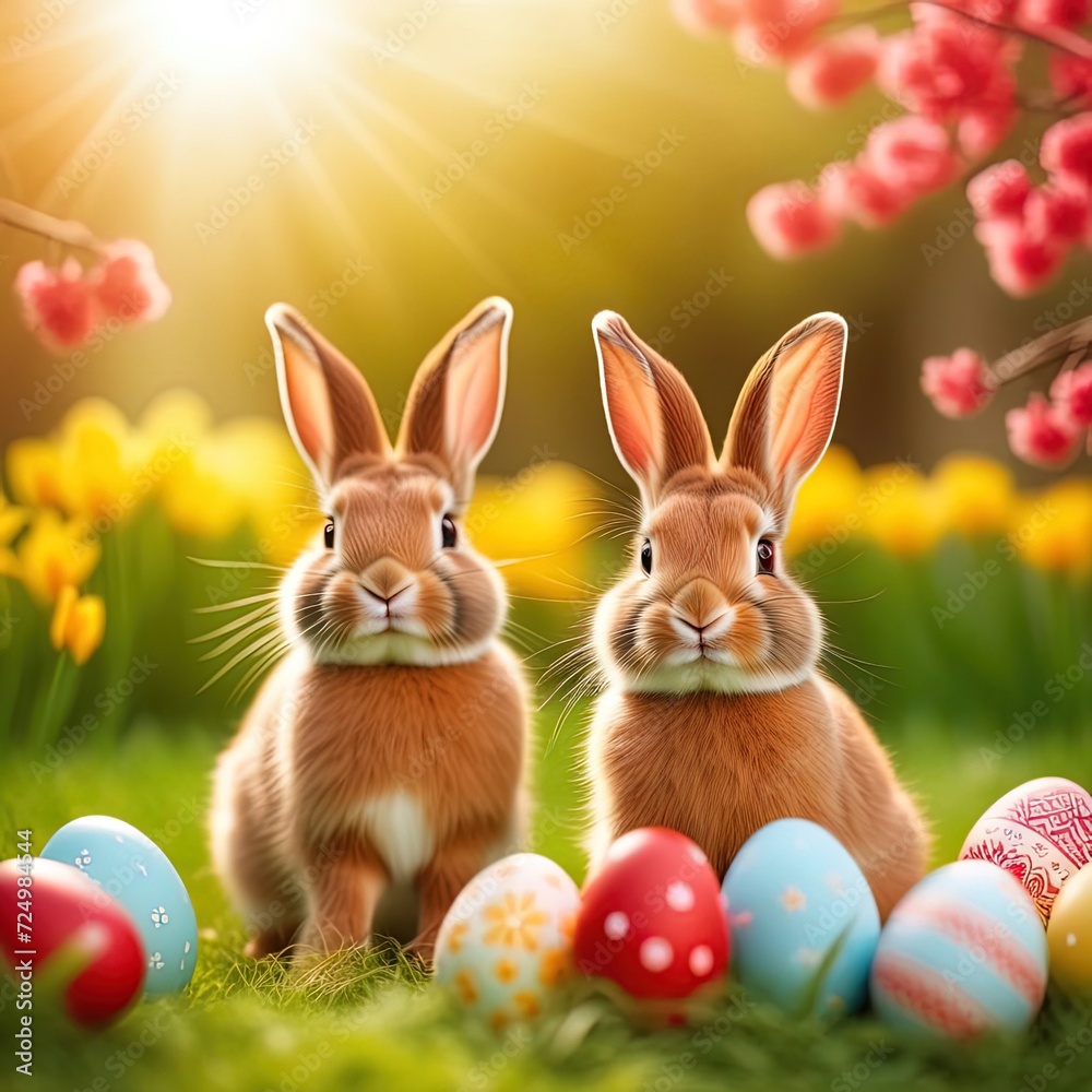 Easter Bunny - Decorated Eggs And Cute Rabbit In Sunny Spring Meadow With Defocused Abstract Lights Easter Bunny - Decorated Eggs And Cute Rabbit In Sunny Spring Meadow With Defocused Abstract Lights