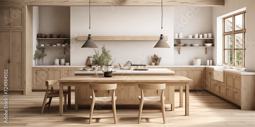 Traditional Farmhouse kitchen and dinning room with white walls, natural wood finishes, and minimalist furniture, a dinning table and wooden iconic chairs with back shelves 