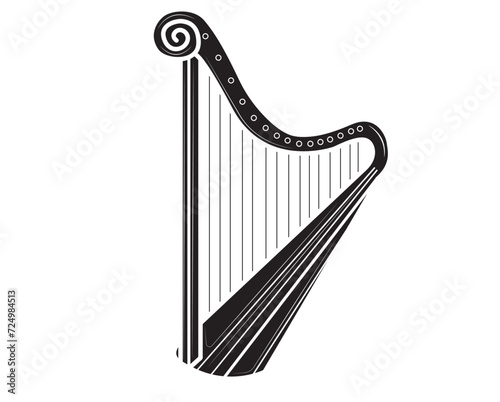 Black silhouette of Antique, old stringed musical instrument is a classical wooden harp. Historical musical instrument harp. Vector cartoon illustration isolated.