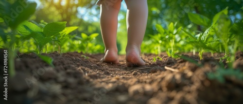 child's bare feet on moist soil, green trees in the background. ecosystem and healthy environment concept, earth day, save the world. 