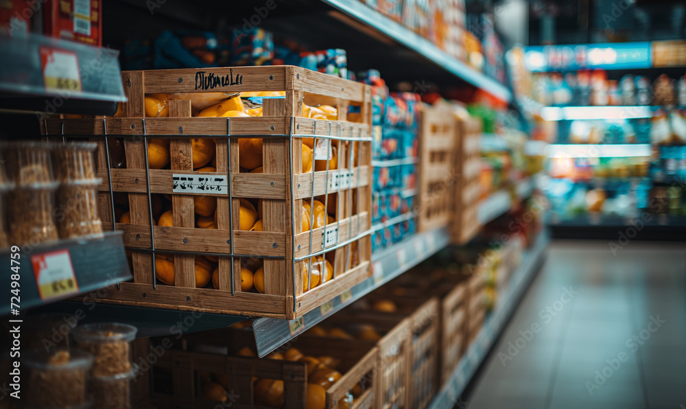 Grocery warehouse. Fresh vegetables and fruits in boxes on shelves, meat and dairy products, baccalia. Shopping cart filled with food and drinks and supermarket shelves in the background, grocery shop