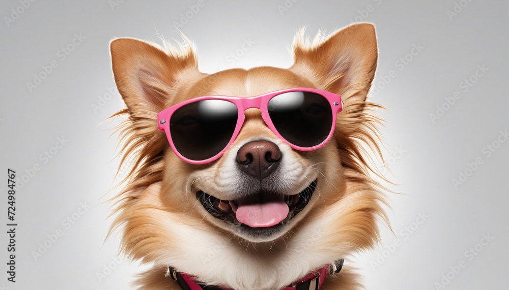 Portrait of a happy dog wearing stylish sunglasses against a bright white background. Cute pet with space for text. Trendy pooch with cool summer vibes. Portrait of a happy dog wearing stylish sunglasses against a bright white background. Cute pet with space for text. Trendy pooch with cool summer vibes.