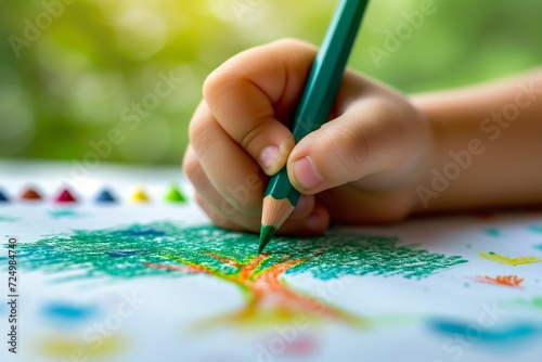 child's hand delicately coloring a tree line drawing on white paper with green crayons, ecosystem and healthy environment concept, earth day, save the world.