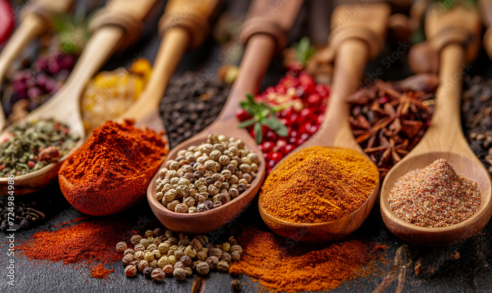 Spices in spoons. Colorful various herbs and spices for cooking in wooden spoons on a dark background. Assortment of natural spices. Healthy spice concept Spices in spoons. Colorful various herbs and spices for cooking in wooden spoons on a dark background. Assortment of natural spices. Healthy spice concept