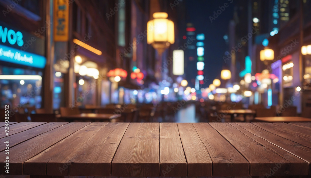 Blurred neon lights illuminate the empty wooden table outside the restaurant