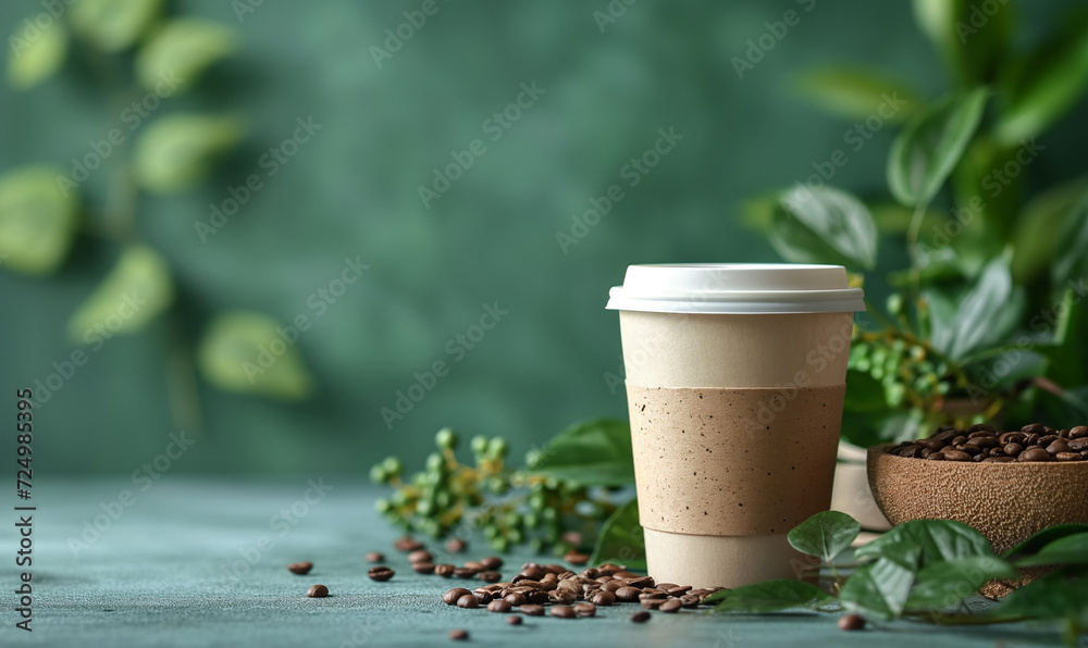 A glass of takeaway coffee on a wooden table against the background of a coffee plant in a coffee shop. A paper cup with a lid for taking your drink with you. Coffee to go. place for text. A glass of takeaway coffee on a wooden table against the background of a coffee plant in a coffee shop. A paper cup with a lid for taking your drink with you. Coffee to go. place for text.