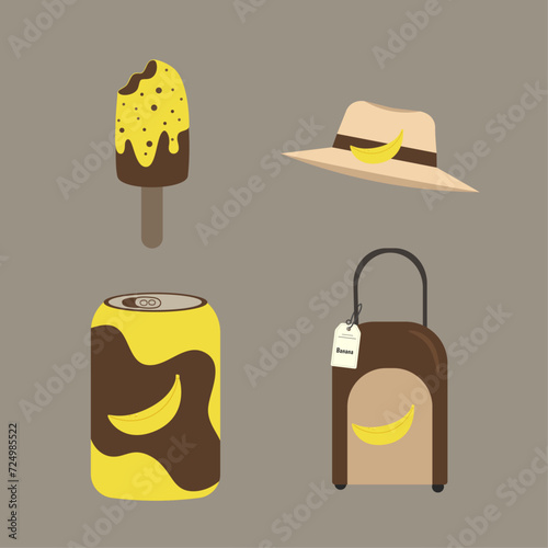Flat Design  Banana Illustration with Hat, Juice,Valise, Icecream