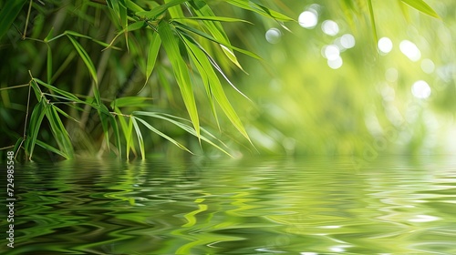 Bamboo background - lush foliage with reflection on the water. Close-up of bamboo  nature s tranquil embrace.
