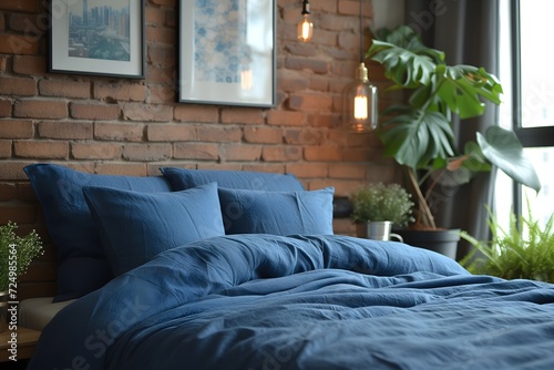 Urban comfort: Modern bedroom boasts bed with blue pillow and coverlet by fireplace, set against a rustic brick wall in loft interior design.